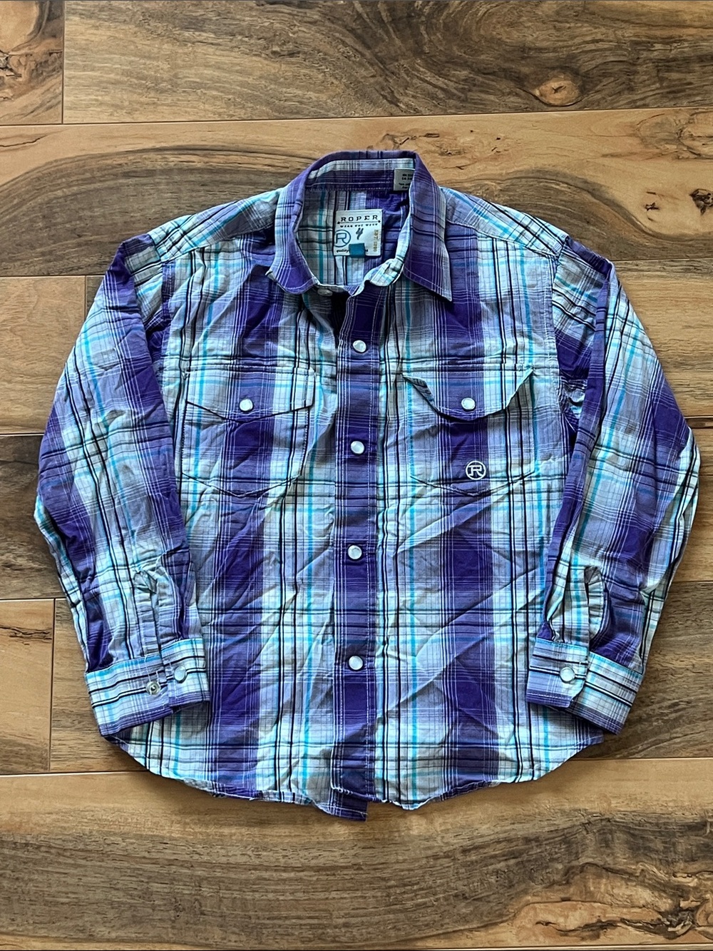 Western Pearl Snap Shirt Purple Blue Plaid Cowboy Rodeo Roper Boys Small 6-7
